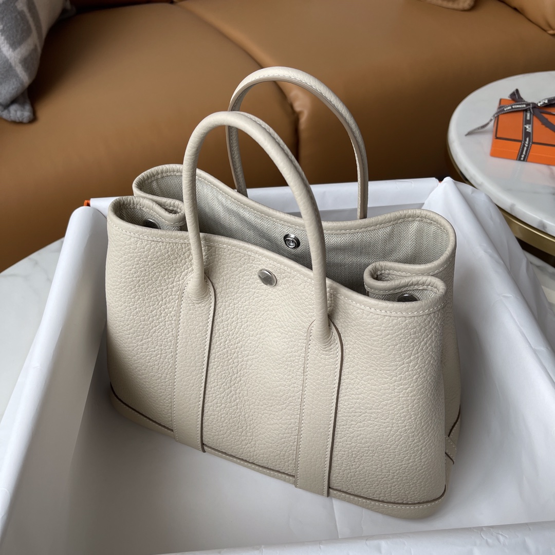 Hermes Garden Party 30cm Tote Handbag In Pearl White Clemence Leather